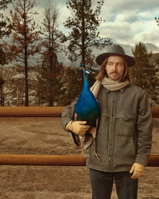Man in hat and coat holds a peacock in a field with trees and mountains in the background, creating a rural, outdoor portrait.